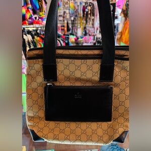Gucci Tan and dark brown leather accents medium Tote Bag with Iconic Design